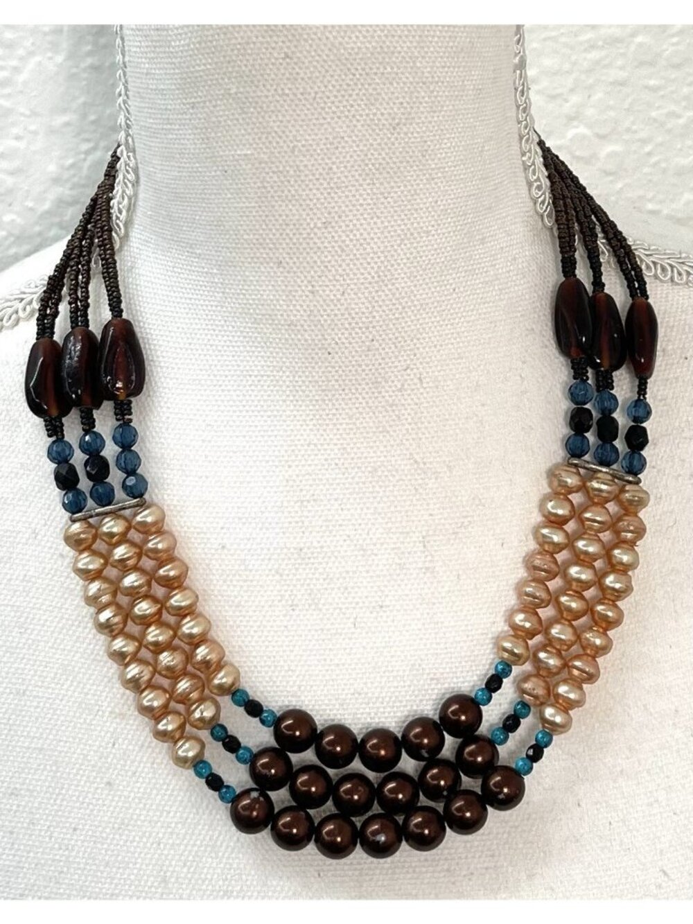 CHICO'S 17" Triple Strand Brown Blue Beaded NECKLACE Bohemian Boho *Some Wear*
